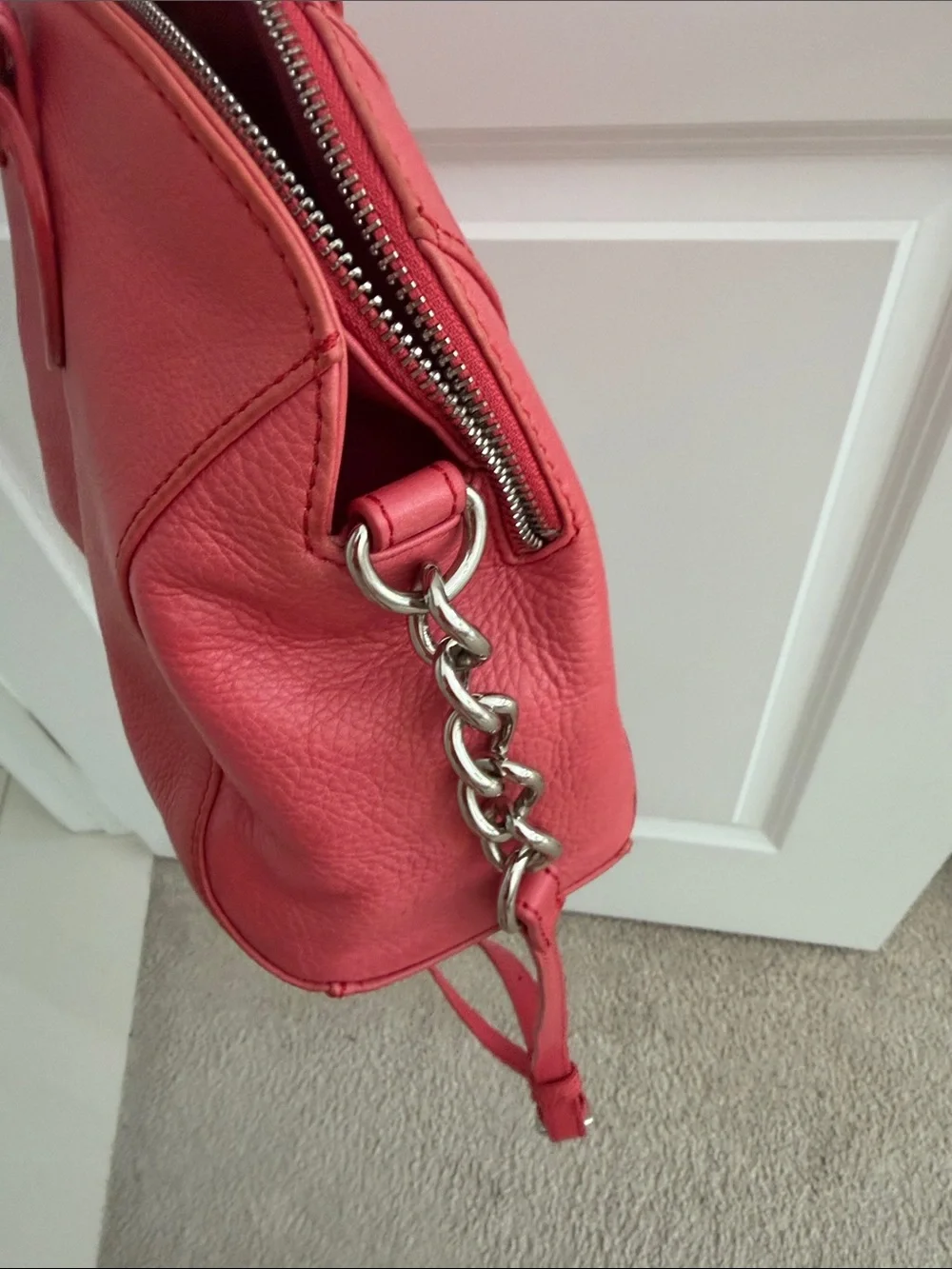 Audrey Brooke Red Leather Satchel with Chain Shoulder Detail